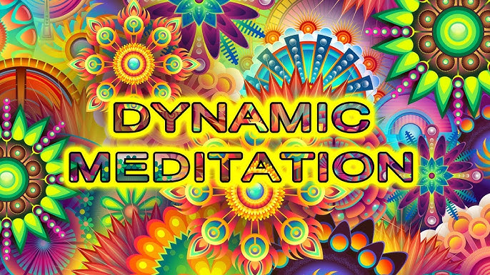 Achtergrond van kleurrijke kaldeiscopes met de tekst 'Dynamic Meditation'